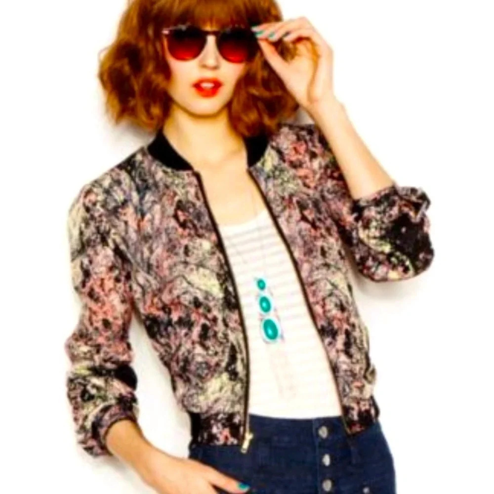 Love Fire junior women’s cropped bomber jacket SZ L black pink yellow branches